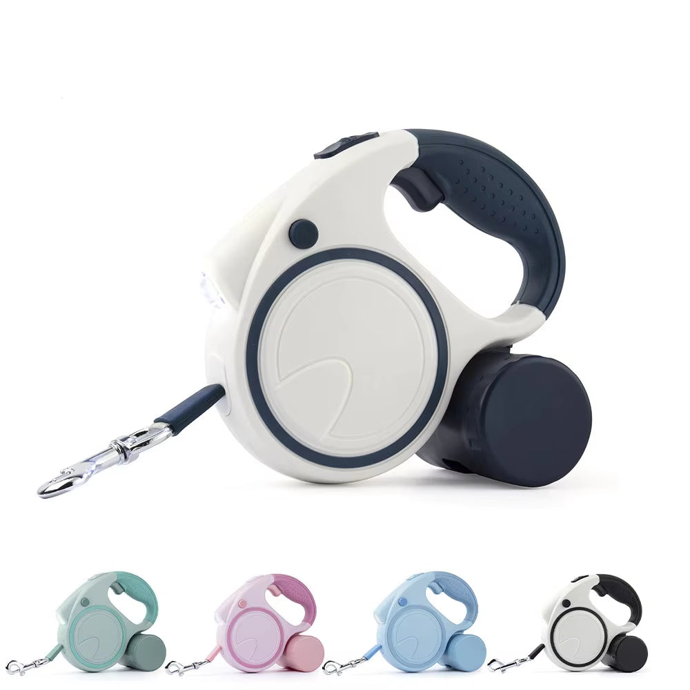Retractable Dog Leash with Led Lights and Garbage Bag Storage